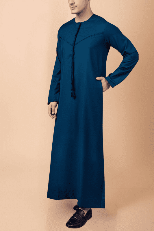 men teal blue emirati tassel thobe with chevron stitched chest panel and front tassel kandura