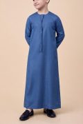Kids denim blue Emirati thobe with V panel stitching and tassel detail