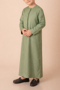 Kids olive green Emirati thobe with braided V panel stitch and tassel