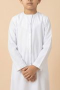 Kids pure white Emirati thobe with V panel embroidery and tassel