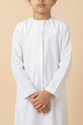 Kids pure white Emirati thobe with V panel embroidery and tassel