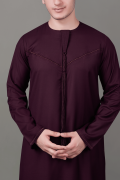 Maroon Emirati tassel thobe with chest embroidery and braided placket detail