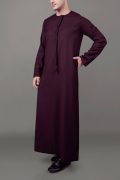 Maroon Emirati tassel thobe with chest embroidery and braided placket detail