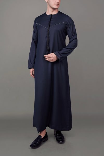 Dark grey Emirati tassel thobe with black embroidered chest and sleeve details
