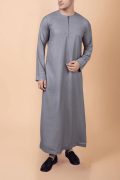 light grey men thobe with zip neck minimalist long sleeve ankle length traditional robe