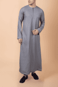 light grey men thobe with zip neck minimalist long sleeve ankle length traditional robe