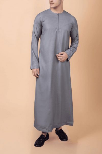 light grey men thobe with zip neck minimalist long sleeve ankle length traditional robe