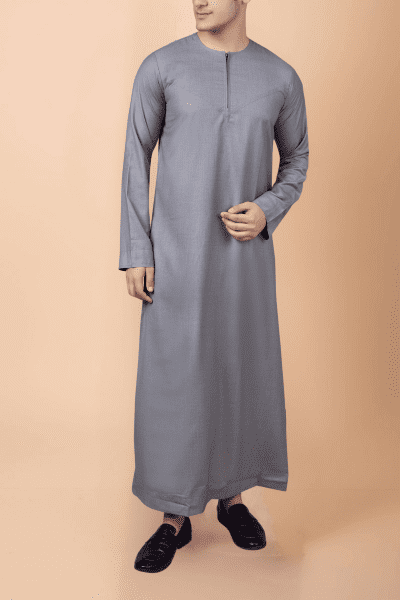 light grey men thobe with zip neck minimalist long sleeve ankle length traditional robe