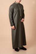 Olive green Emirati thobe with gold embroidered collar and placket for men