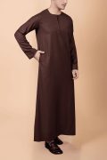 deep brown men thobe with zip neck minimalist long sleeve ankle length traditional robe