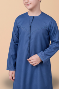 Kids denim blue Emirati thobe with V panel stitching and tassel detail