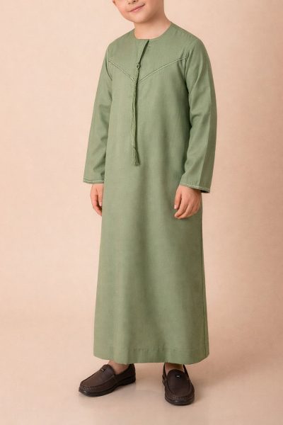 Kids olive green Emirati thobe with braided V panel stitch and tassel