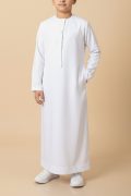 Kids pure white Emirati thobe with V panel embroidery and tassel