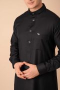 deep black designer thobe for men with gunmetal buttons and modern band collar