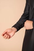 Jet Black Designer Thobe for Men with Textured Trim and Band Collar