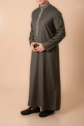 Olive green Emirati thobe with gold embroidered collar and placket for men