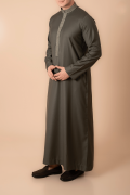 Olive green Emirati thobe with gold embroidered collar and placket for men