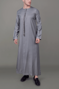 Grey Emirati tassel thobe with silver chest embroidery and decorative sleeve detailing