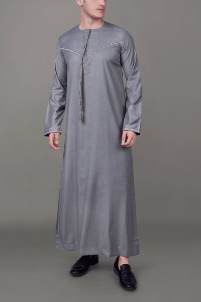 Grey Emirati tassel thobe with silver chest embroidery and decorative sleeve detailing