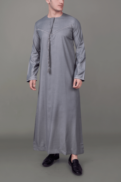 Grey Emirati tassel thobe with silver chest embroidery and decorative sleeve detailing