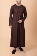 deep brown men thobe with zip neck minimalist long sleeve ankle length traditional robe