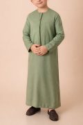 Kids olive green Emirati thobe with braided V panel stitch and tassel