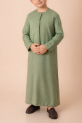 Kids olive green Emirati thobe with braided V panel stitch and tassel