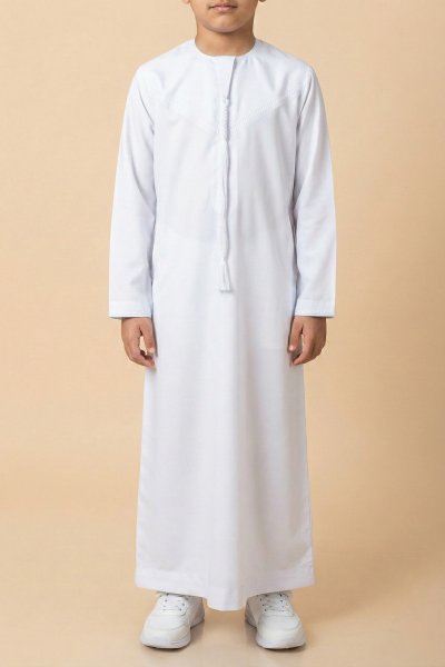 Kids pure white Emirati thobe with V panel embroidery and tassel