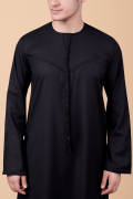 men black emirati tassel thobe with chevron stitched chest panel and front tassel kandura