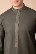 Olive green Emirati thobe with gold embroidered collar and placket for men