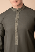 Olive green Emirati thobe with gold embroidered collar and placket for men