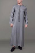 Grey Emirati tassel thobe with silver chest embroidery and decorative sleeve detailing