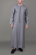 Grey Emirati tassel thobe with silver chest embroidery and decorative sleeve detailing