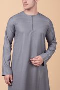 light grey men thobe with zip neck minimalist long sleeve ankle length traditional robe
