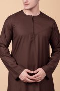 deep brown men thobe with zip neck minimalist long sleeve ankle length traditional robe