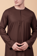 deep brown men thobe with zip neck minimalist long sleeve ankle length traditional robe