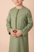 Kids olive green Emirati thobe with braided V panel stitch and tassel