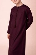Luxury Deep Maroon Emirati Kids Thobe with V-Stitch Panel & Tassel - Image 4