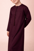 Luxury Deep Maroon Emirati Kids Thobe with V-Stitch Panel & Tassel - Image 4