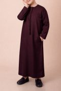 Luxury Deep Maroon Emirati Kids Thobe with V-Stitch Panel & Tassel