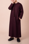 Luxury Deep Maroon Emirati Kids Thobe with V-Stitch Panel & Tassel
