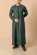 Kids forest green Emirati thobe with V panel stitch and tassel detail