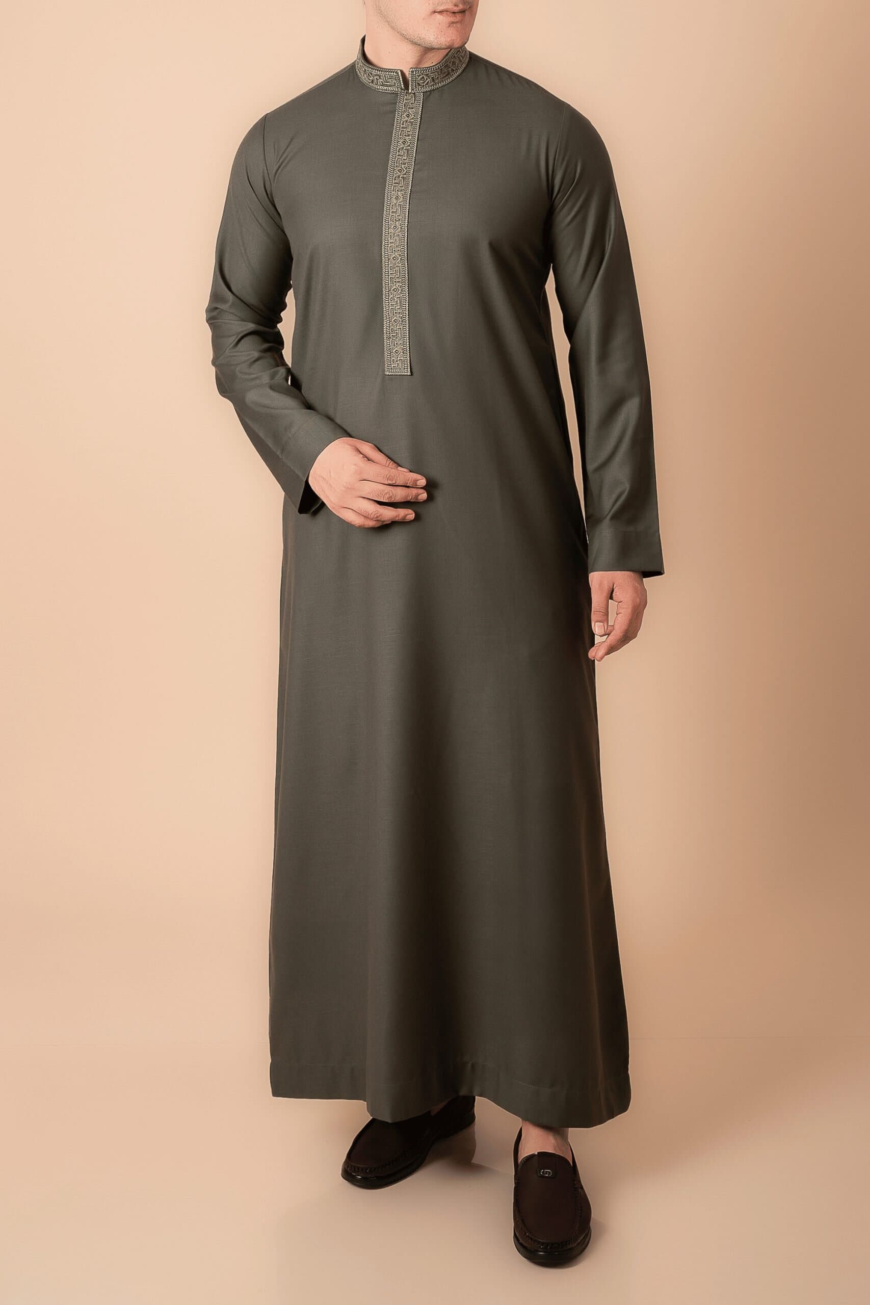 Olive green Emirati thobe with gold embroidered collar and placket for men