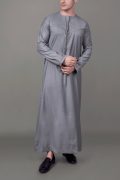 Grey Emirati tassel thobe with silver chest embroidery and decorative sleeve detailing