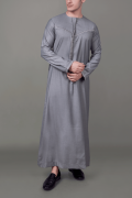 Grey Emirati tassel thobe with silver chest embroidery and decorative sleeve detailing
