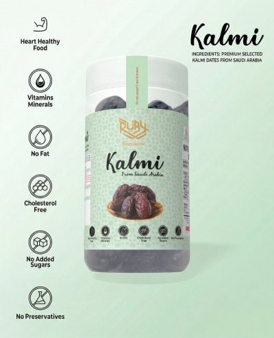 Kalmi dates from Saudi Arabia in mint green jar packaging with nutrition label