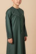 Kids forest green Emirati thobe with V panel stitch and tassel detail