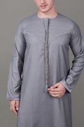 Grey Emirati tassel thobe with silver chest embroidery and decorative sleeve detailing