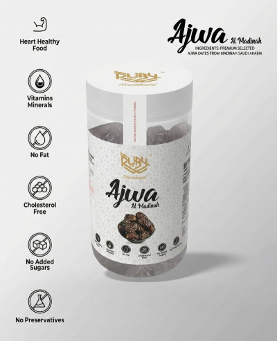Ajwa Al Madinah premium dates in white jar packaging with nutrition label