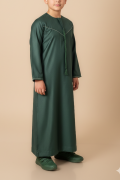 Kids forest green Emirati thobe with V panel stitch and tassel detail
